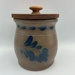 Eldreth Pottery Salt Glazed Stoneware Crock 1992 Wood Lid Blue Cobalt Leaf PA